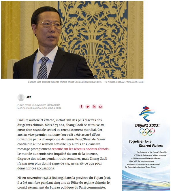 Site du journal Le Temps et publicité Beijing 2022