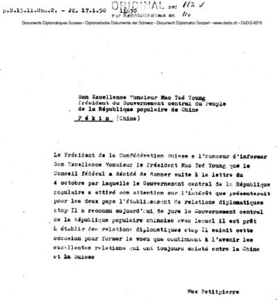Conseil fédéral - Reconnaissance de la RPC - le 17 janvier 1950