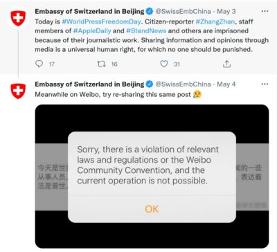 Ambassade de Suisse - Message censuré sur Weibo