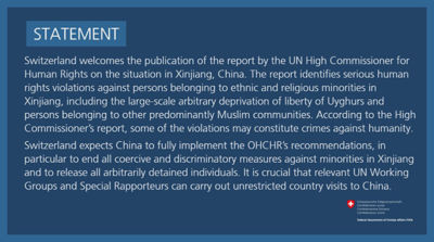 DFAE - Prise de position au sujet du rapport sur le Xinjiang - 1er septembre 2022